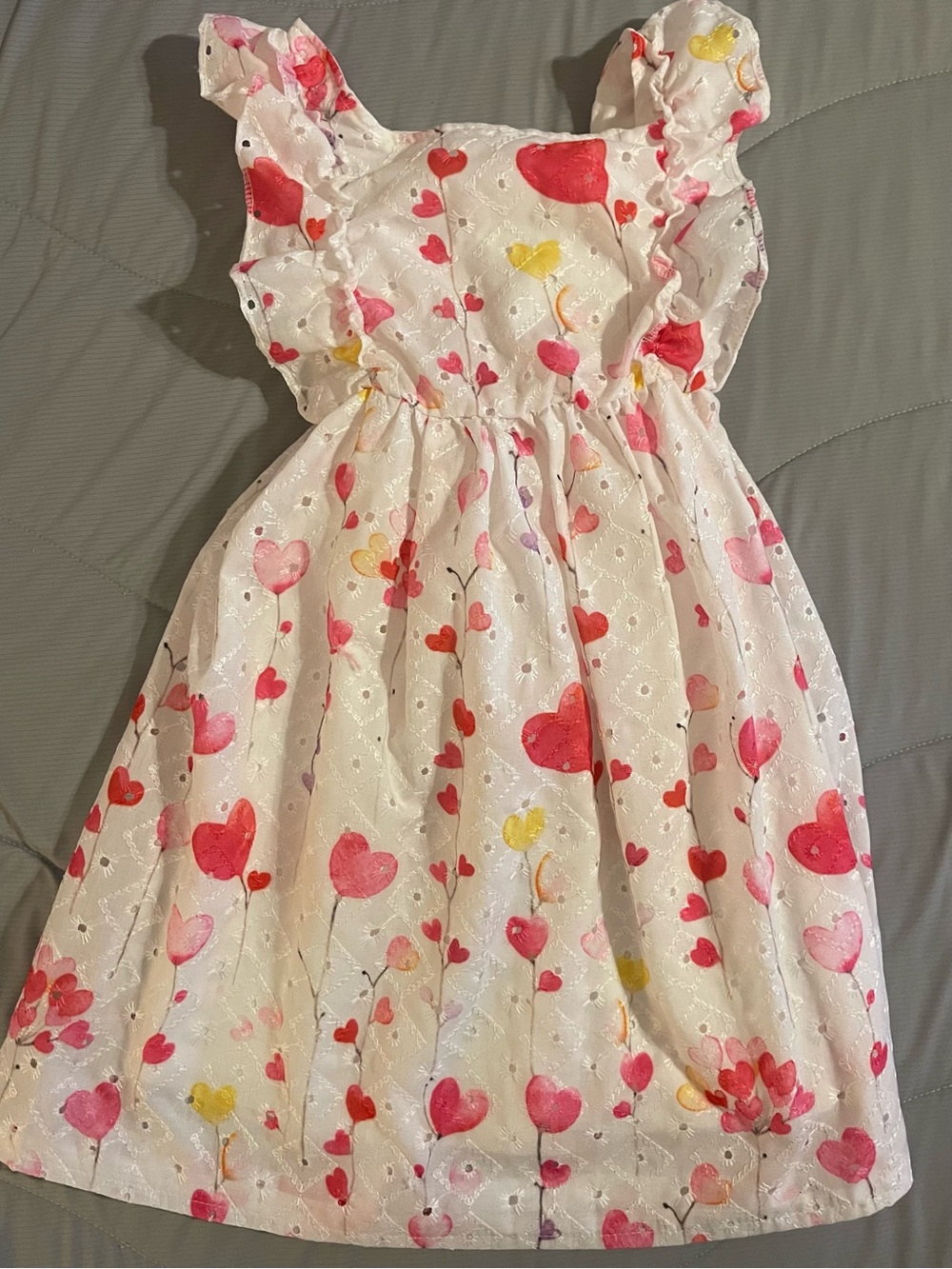 Girls White Eyelet Dress with Pink & Red Heart Print